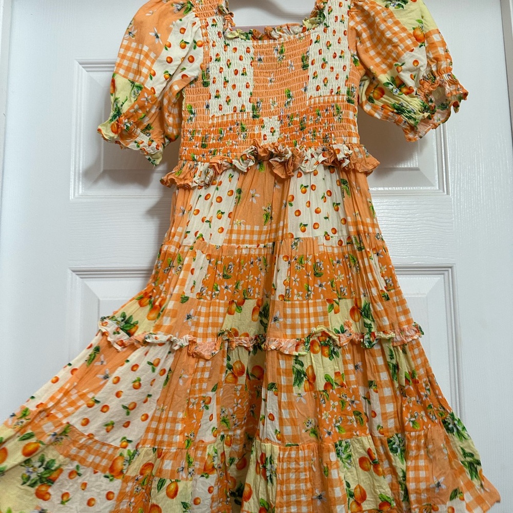 JessaKae mini Orange blossom Patchwork Peach & Cream Smocked Dress